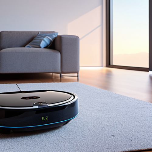 Home 4 **
A futuristic, minimalist living room featuring a friendly-looking robot vacuum, a smart thermostat displaying energy-saving tips, and a voice assistant glowing softly. The scene has a slightly unsettling undertone, with faint data streams visualized in the background, hinting at the constant collection of personal information.
**