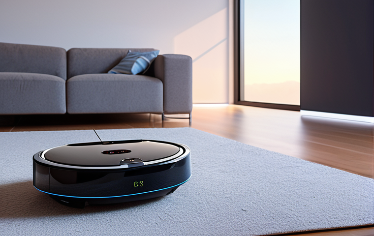 **
A futuristic, minimalist living room featuring a friendly-looking robot vacuum, a smart thermostat displaying energy-saving tips, and a voice assistant glowing softly. The scene has a slightly unsettling undertone, with faint data streams visualized in the background, hinting at the constant collection of personal information.
**