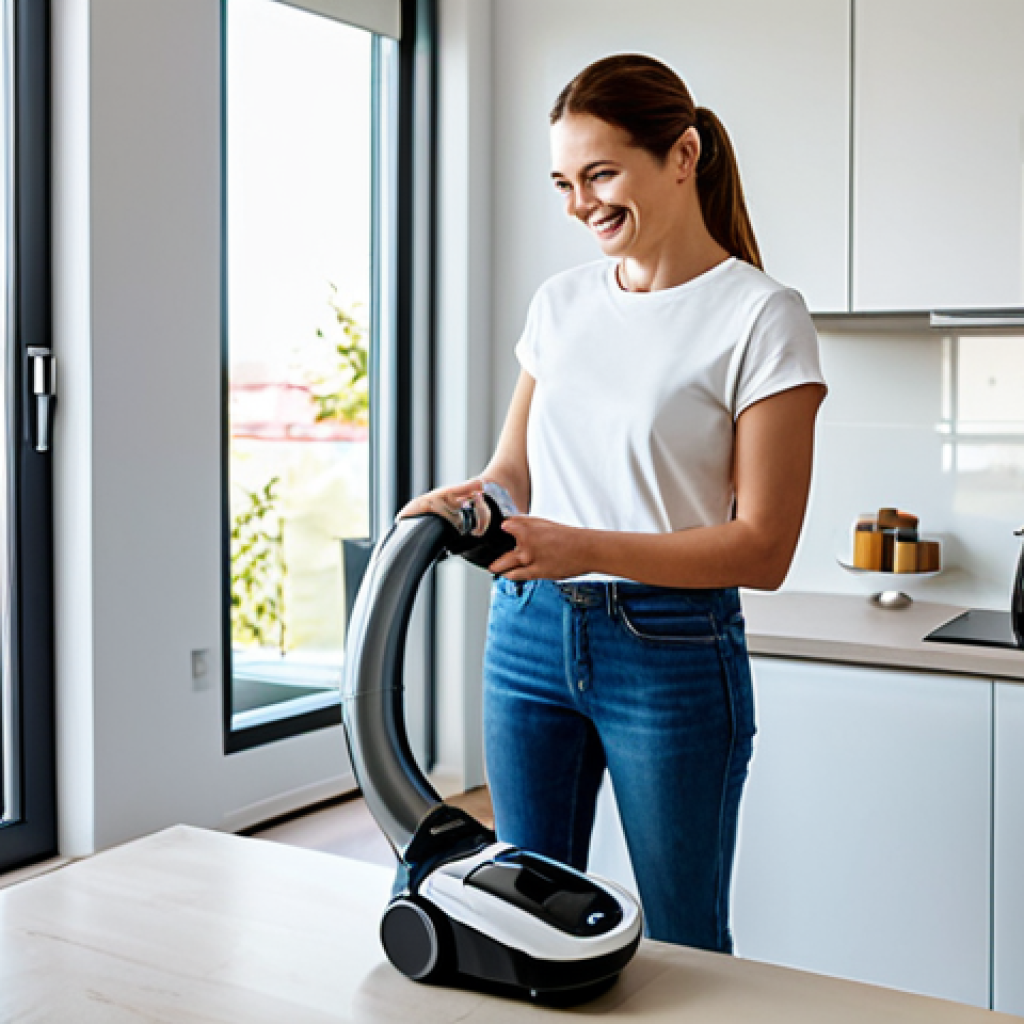 **
"A bright and modern kitchen scene, featuring a fully clothed woman smiling and maintaining a robot vacuum cleaner. She is wearing appropriate casual clothing, such as jeans and a t-shirt. The vacuum robot is clean and well-maintained. Background details include clean countertops, modern appliances, and a sunny window. safe for work, appropriate content, fully clothed, professional, perfect anatomy, natural proportions, high quality, family-friendly"
**