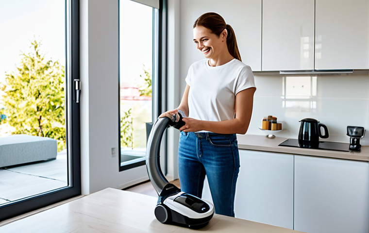 **

"A bright and modern kitchen scene, featuring a fully clothed woman smiling and maintaining a robot vacuum cleaner. She is wearing appropriate casual clothing, such as jeans and a t-shirt. The vacuum robot is clean and well-maintained. Background details include clean countertops, modern appliances, and a sunny window. safe for work, appropriate content, fully clothed, professional, perfect anatomy, natural proportions, high quality, family-friendly"

**
