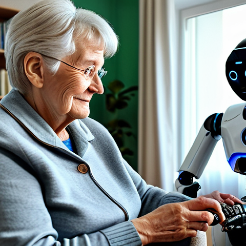 Supporting Elderly Family Members**
"A friendly, helpful robot assisting a senior woman in her cozy German living room, fully clothed, wearing modest attire. The robot is gently reminding her to take her medication. Books and family photos are visible in the background. Safe for work, appropriate content, perfect anatomy, natural pose, professional."
**