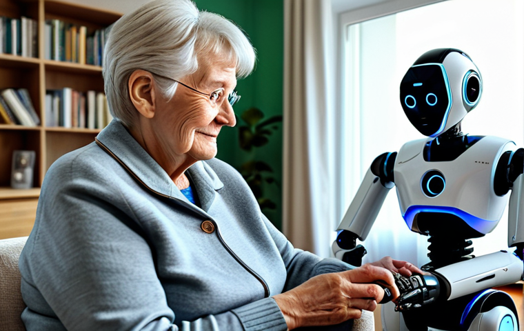 Supporting Elderly Family Members**

"A friendly, helpful robot assisting a senior woman in her cozy German living room, fully clothed, wearing modest attire. The robot is gently reminding her to take her medication. Books and family photos are visible in the background. Safe for work, appropriate content, perfect anatomy, natural pose, professional."

**
