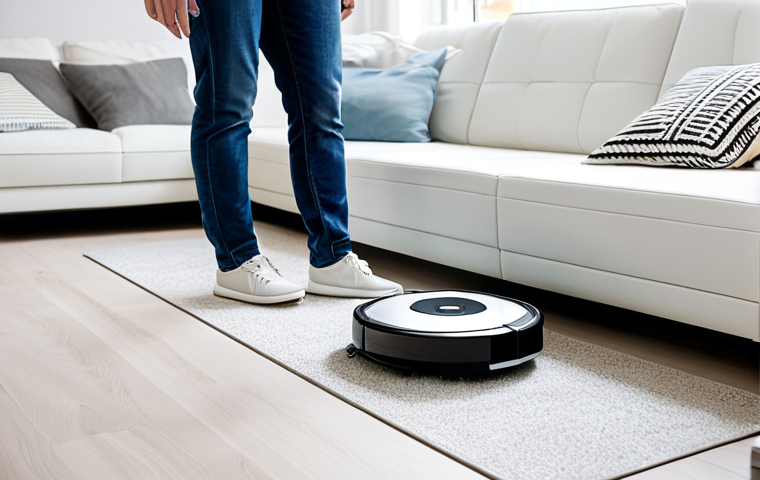 가정용 로봇의 에너지 효율성 분석 - Modern Living Room with Robot Vacuum**

"A bright, modern living room in a German apartment. A sleek...