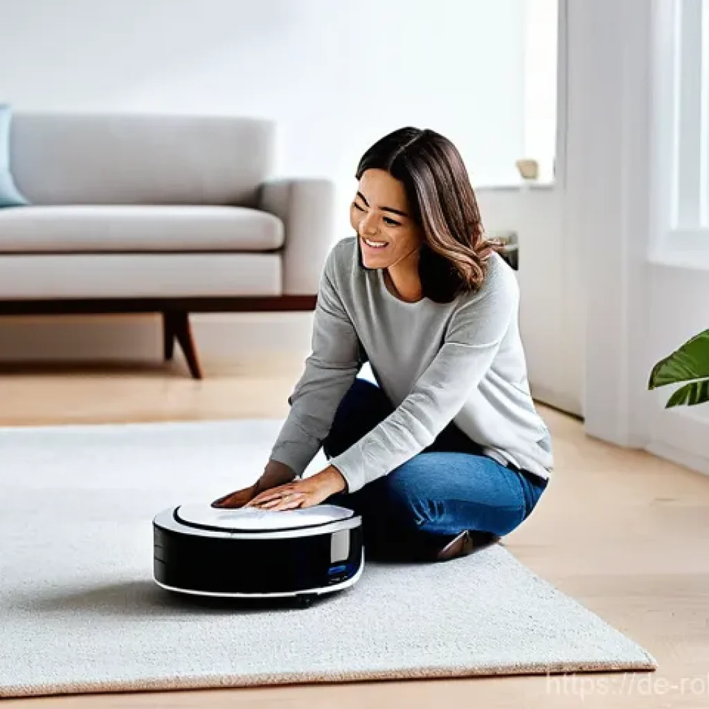 가정에서의 로봇 활용 성공 전략 - **Prompt 1: The First Encounter with a Robot Vacuum**
"A cozy, modern living room bathed in soft...