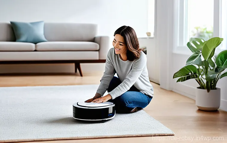 가정에서의 로봇 활용 성공 전략 - **Prompt 1: The First Encounter with a Robot Vacuum**
"A cozy, modern living room bathed in soft...