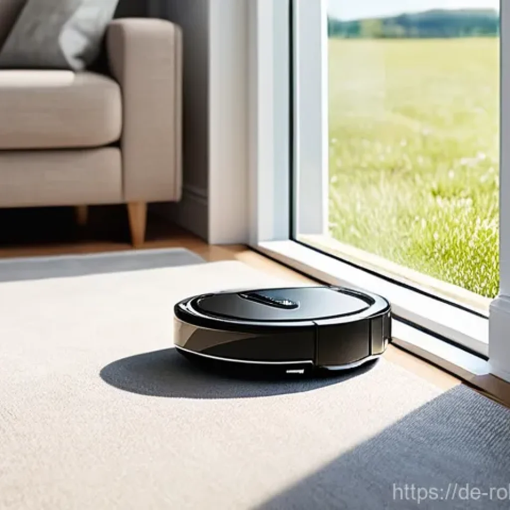 로봇 청소기 사용 시 유의해야 할 점 - **Prompt 1: Pre-Cleaning Preparation**
A bright, inviting modern living room. A person (wearing ...
