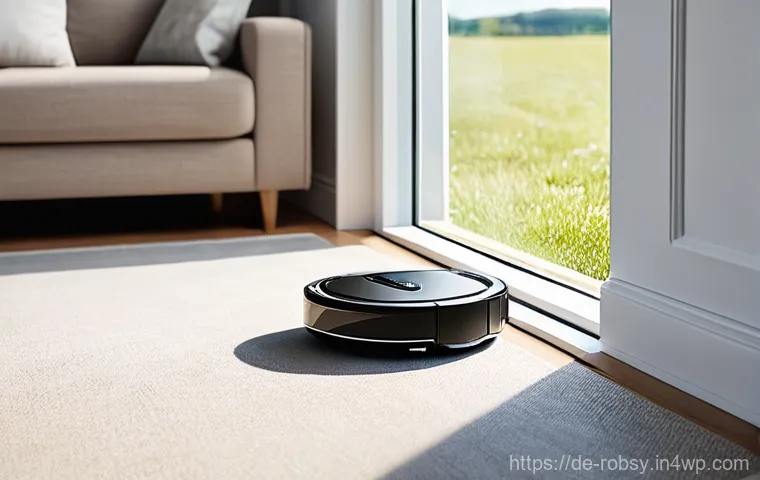 로봇 청소기 사용 시 유의해야 할 점 - **Prompt 1: Pre-Cleaning Preparation**
A bright, inviting modern living room. A person (wearing ...