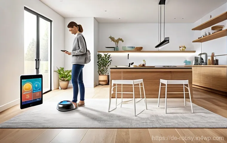 로봇 청소기 사용 시 유의해야 할 점 - **Prompt 2: Robot Vacuum Maintenance**
    A close-up, well-lit shot focusing on a person's hands (g...