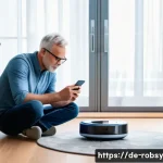 Home 22 로봇 청소기와 스마트폰 연동 방법 - A modern German living room scene with a middle-aged man using a smartphone app to connect a sleek, ...