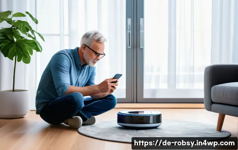 로봇 청소기와 스마트폰 연동 방법 - A modern German living room scene with a middle-aged man using a smartphone app to connect a sleek, ...