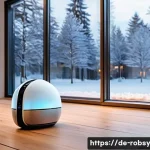 Home 21 홈 로봇을 활용한 에너지 절약 방법 - A modern German living room interior featuring a sleek smart home robot on a wooden floor, adjusting...