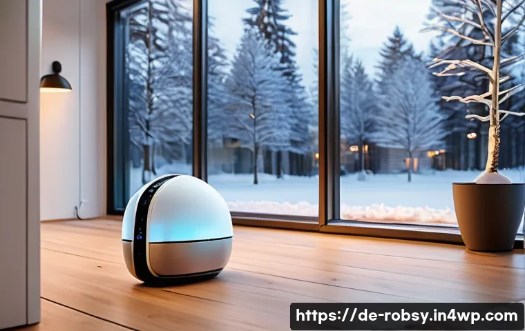 홈 로봇을 활용한 에너지 절약 방법 - A modern German living room interior featuring a sleek smart home robot on a wooden floor, adjusting...