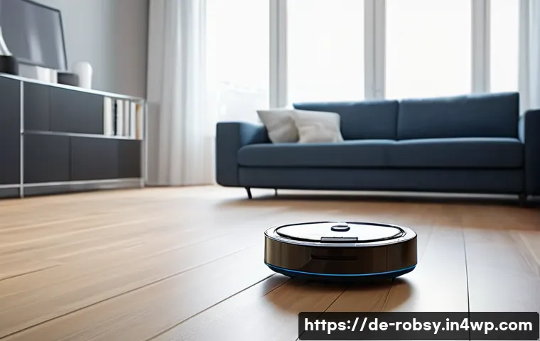 홈 로봇의 안전한 사용을 위한 팁 - A modern, sleek robot vacuum cleaner starting its cleaning cycle on a spacious, even hardwood floor ...