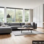 Home 19 가정용 로봇의 최신 기술 동향 - A modern, bright German living room featuring a sleek smart vacuum robot cleaning the hardwood floor...