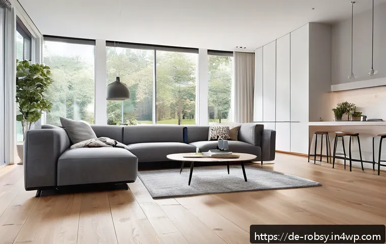 가정용 로봇의 최신 기술 동향 - A modern, bright German living room featuring a sleek smart vacuum robot cleaning the hardwood floor...