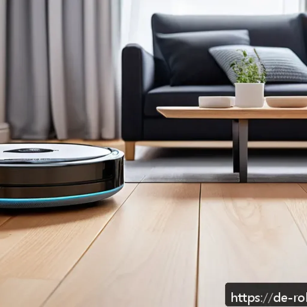 로봇 청소기의 보급 현황 및 전망 - A modern German living room with a sleek robot vacuum cleaner equipped with LiDAR navigation activel...