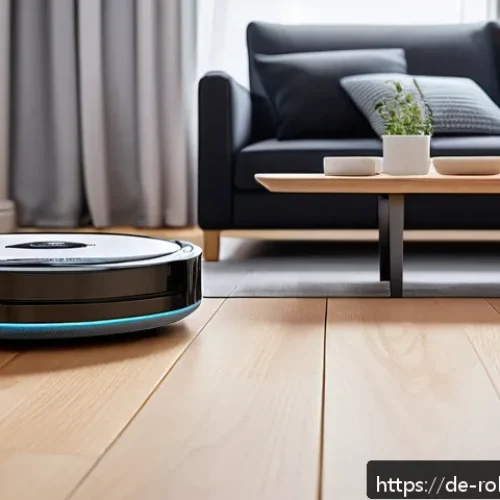 Home 30 로봇 청소기의 보급 현황 및 전망 - A modern German living room with a sleek robot vacuum cleaner equipped with LiDAR navigation activel...