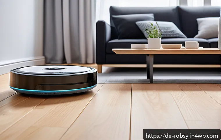 로봇 청소기의 보급 현황 및 전망 - A modern German living room with a sleek robot vacuum cleaner equipped with LiDAR navigation activel...