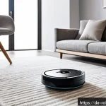 Home 23 가정에서의 로봇 활용 성공 사례 - A modern German living room with a sleek Roborock S7 robot vacuum and mop in action, navigating smoo...
