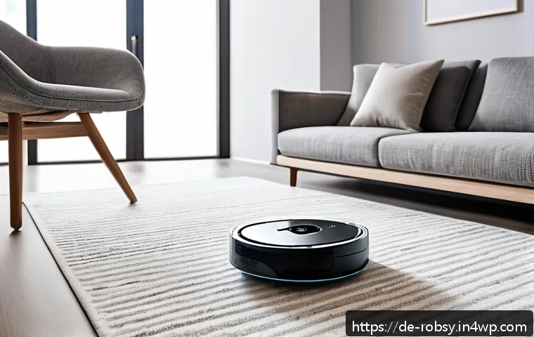 가정에서의 로봇 활용 성공 사례 - A modern German living room with a sleek Roborock S7 robot vacuum and mop in action, navigating smoo...