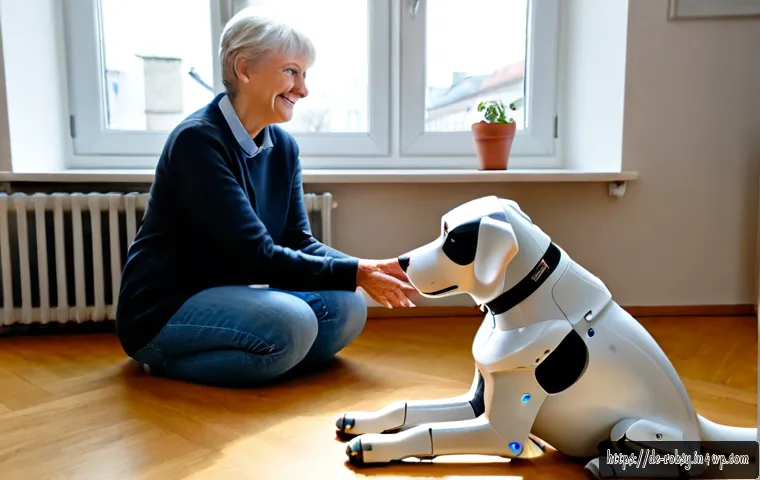 Home 17 로봇 애완동물의 종류와 특징 분석 - Photorealistic robotic companion dog with soft white and silver casing, expressive LED-free eyes, si...